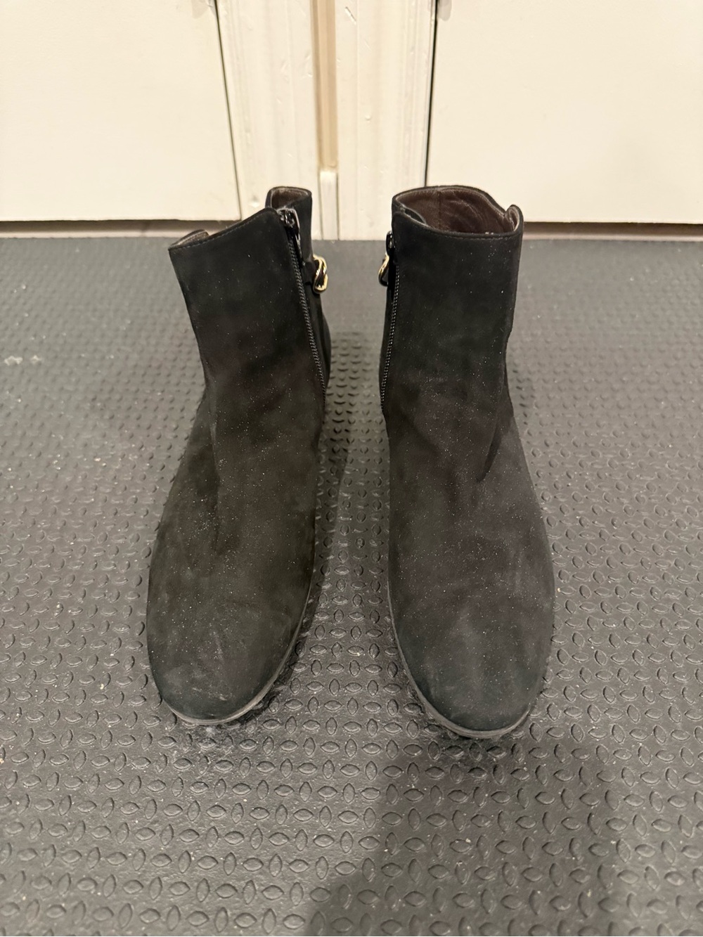 Italian suede booties with gold chain accent